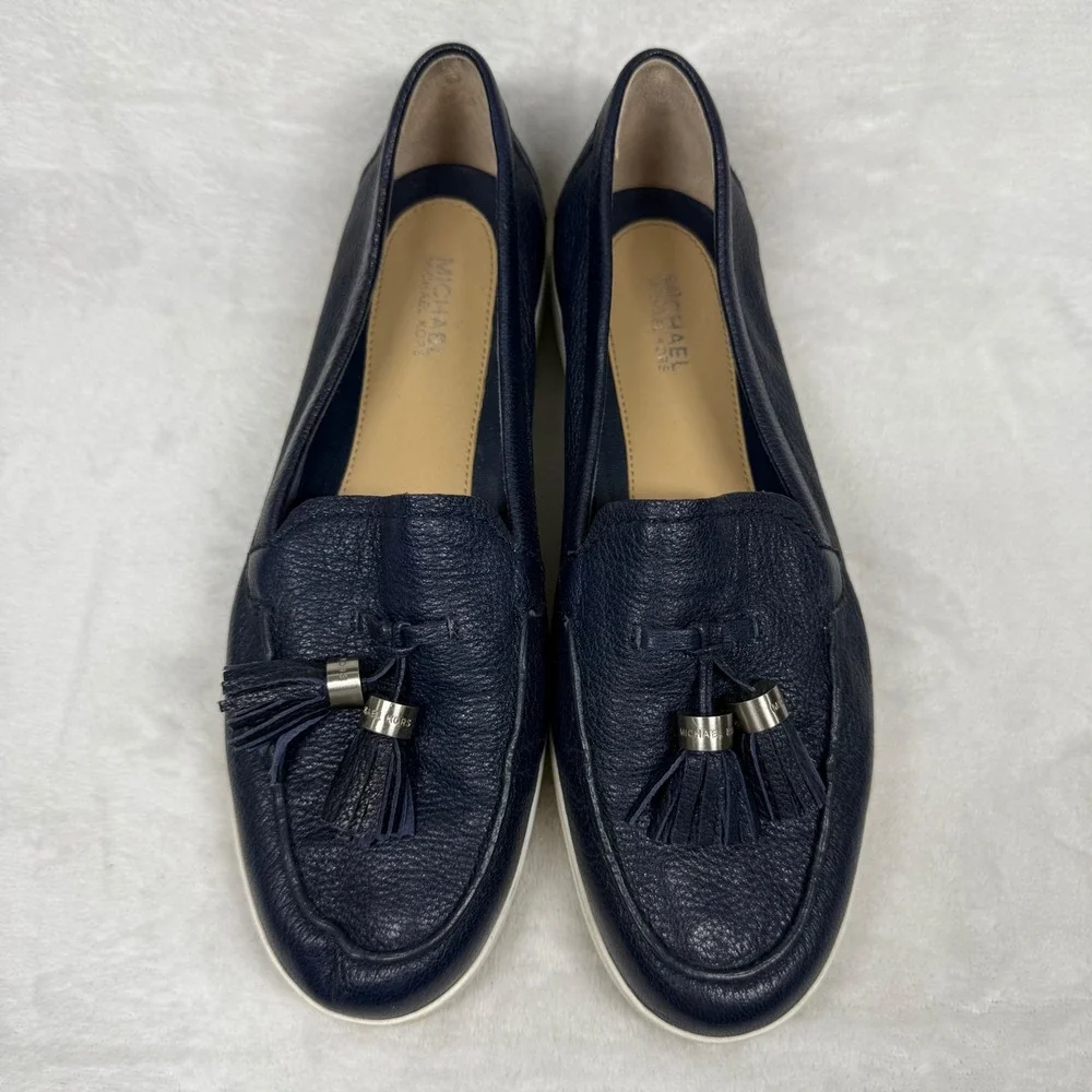 Michael‎ Kors Navy Pebbled Leather Tassel Loafer Sneakers Silver Hardware Blue 7